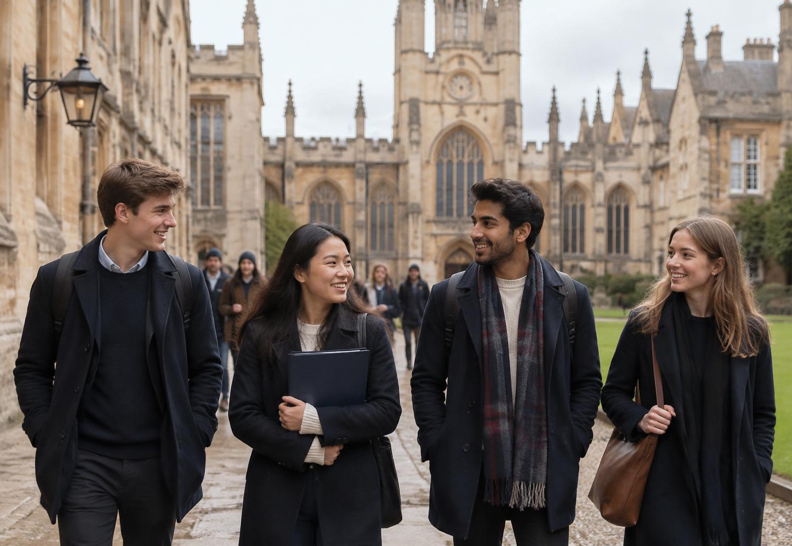 Students walking through a historic UK university quadrangle
