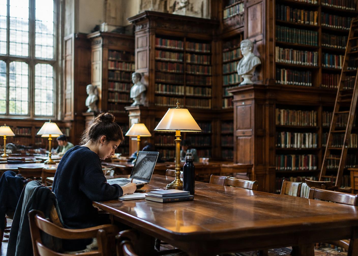 A student studying in a historic UK university library